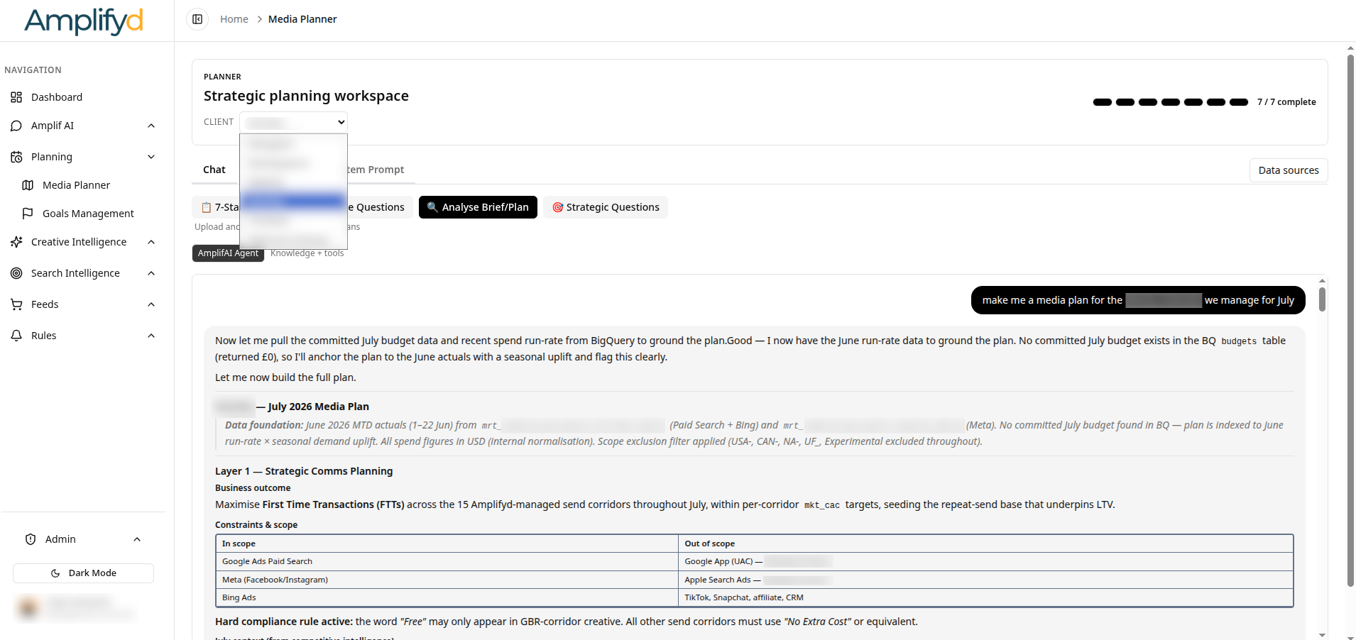 AmplifAI strategic planning workspace building a monthly media plan from BigQuery run-rate data